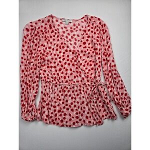 Free Assembly Women's Wrap Blouse Pink Red Polka Dot Long Sleeve Size Small